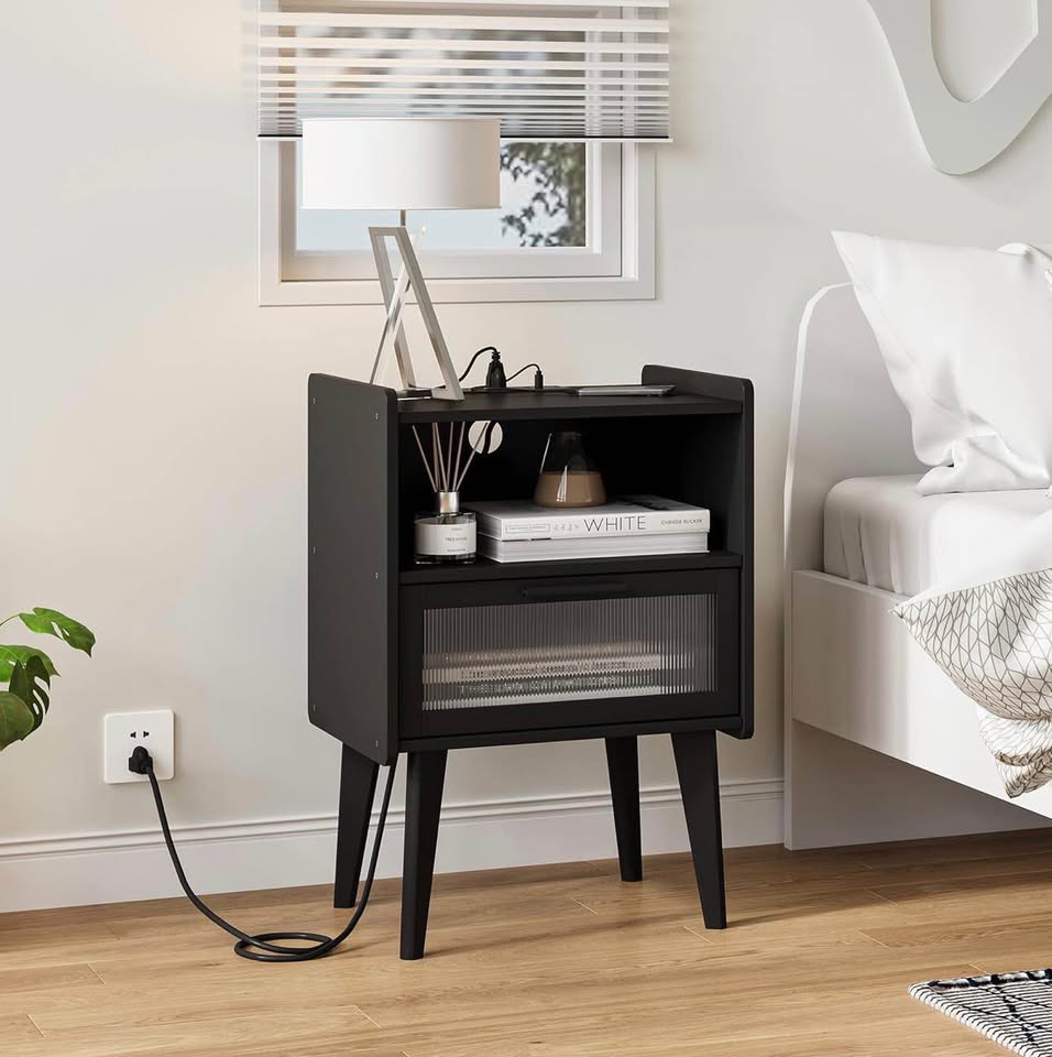 MMEOLUOOK Nightstand w/ Charging Station, Bedside End Table, 2 Tiers Storage