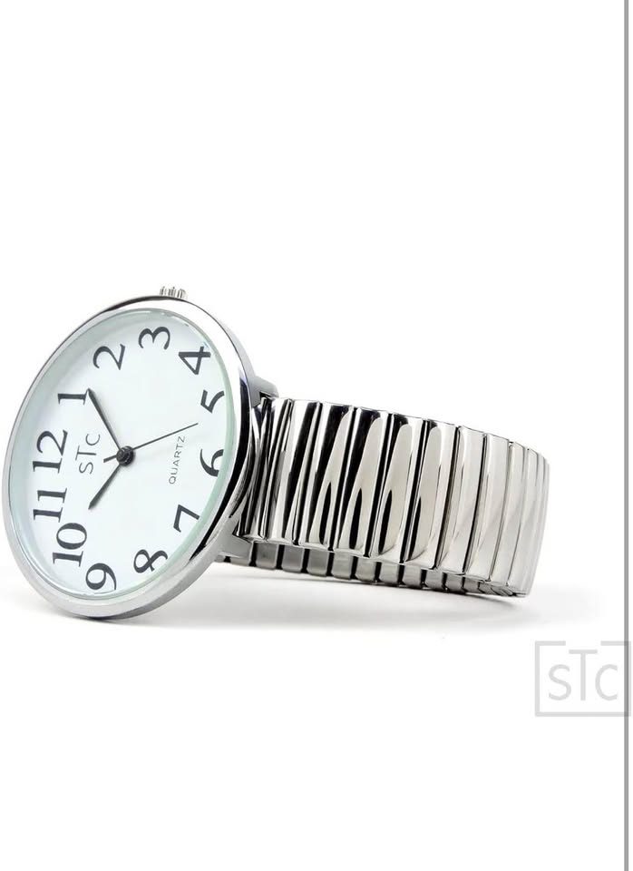 STC Silver Super Large White Face Case Size 43mm Extra Large Stretch Band Easy to Read Watch, Silver