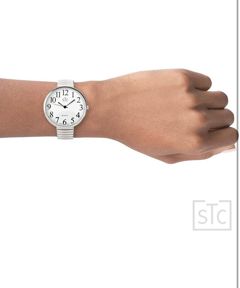 STC Silver Super Large White Face Case Size 43mm Extra Large Stretch Band Easy to Read Watch, Silver