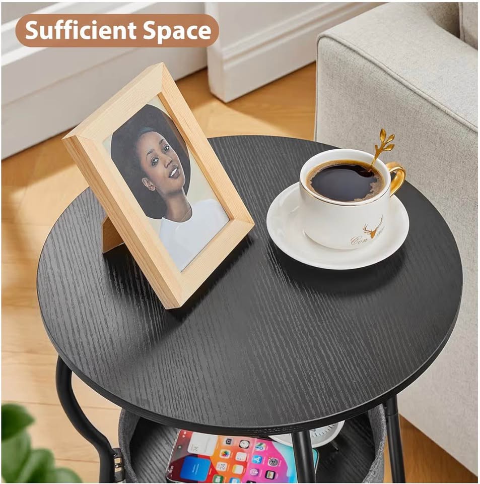 Round Side Table with Storage Bag, 3-Tier Accent Round End Table with Storage Shelves for Living Roo