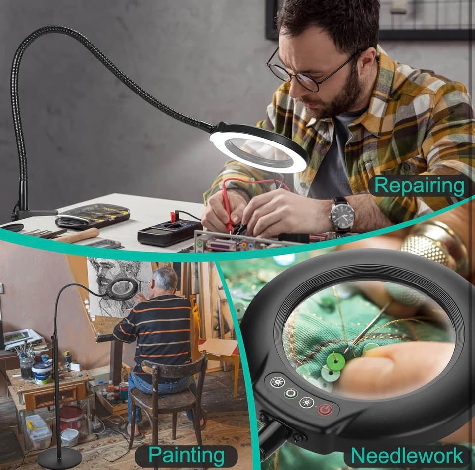 12X Magnifying Floor Lamp with Light, 24" Flexible Gooseneck Standing Magnifying Glass, 3-in-1 LED 5