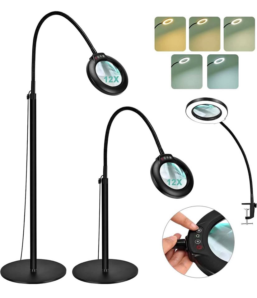 12X Magnifying Floor Lamp with Light, 24" Flexible Gooseneck Standing Magnifying Glass, 3-in-1 LED 5