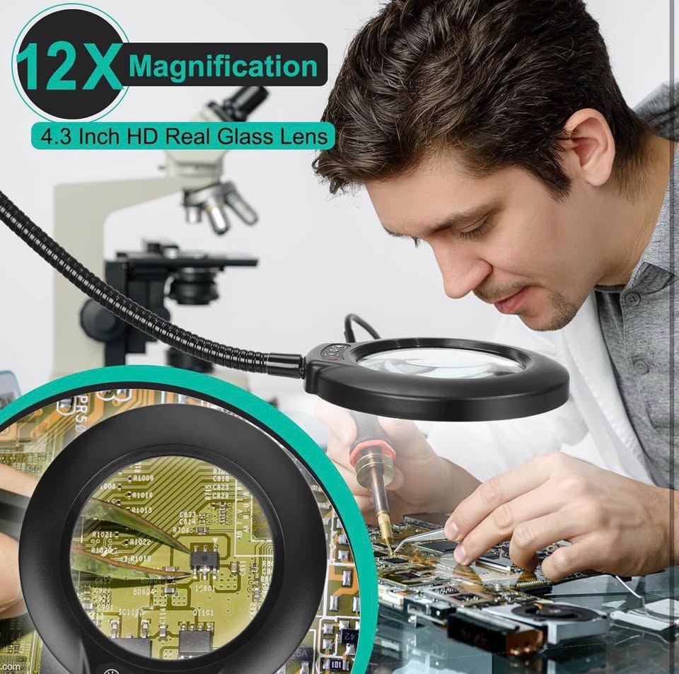 12X Magnifying Floor Lamp with Light, 24" Flexible Gooseneck Standing Magnifying Glass, 3-in-1 LED 5