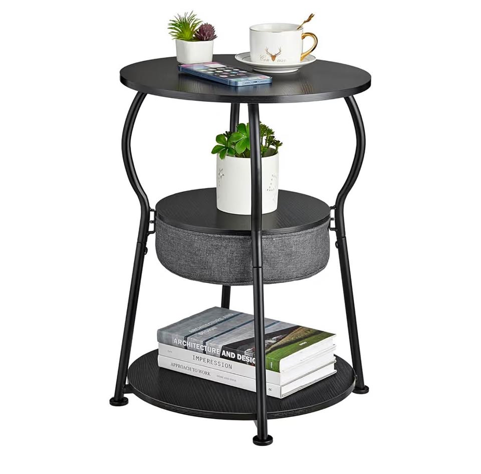Round Side Table with Storage Bag, 3-Tier Accent Round End Table with Storage Shelves for Living Roo