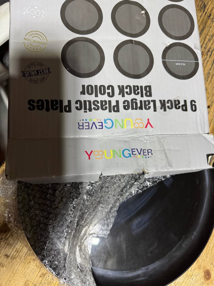 Youngever 10 Inch Plastic Plates, Large Plates, Dinner Plates, Set of 9 (Black)