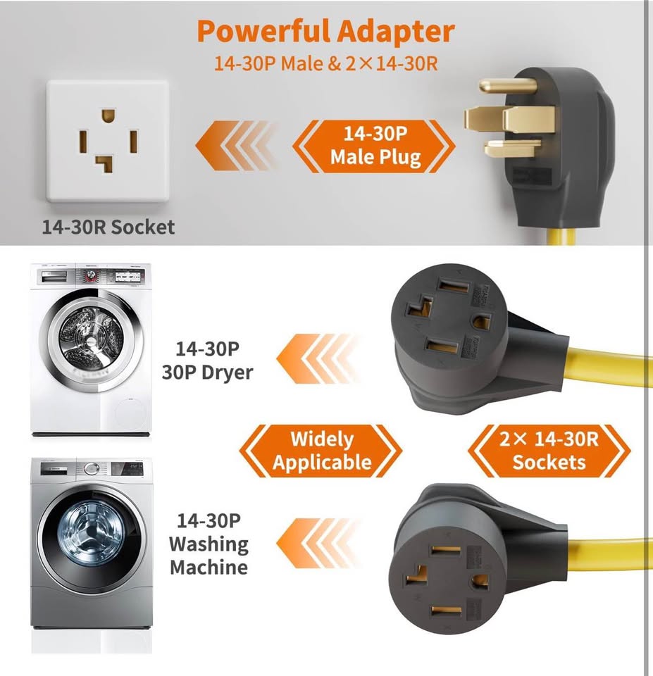 NEMA 14-30P to 2 NEMA 14-30R Dryer Y Splitter 3ft