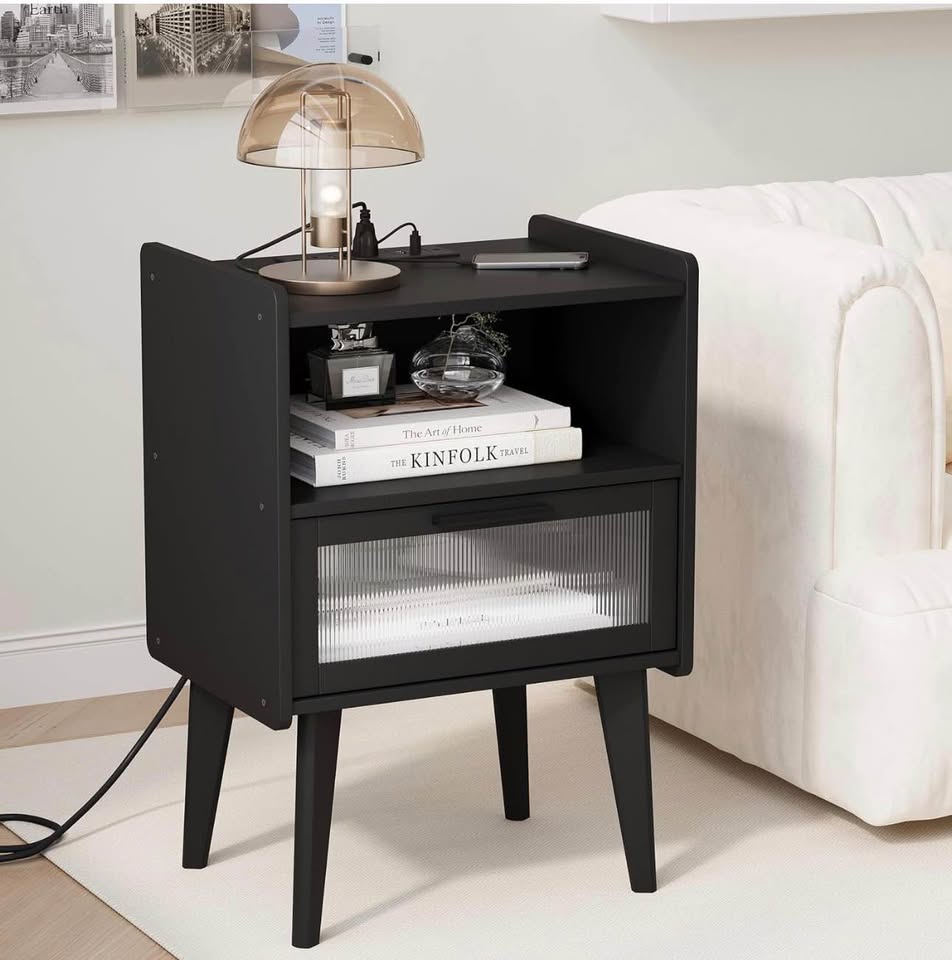 MMEOLUOOK Nightstand w/ Charging Station, Bedside End Table, 2 Tiers Storage