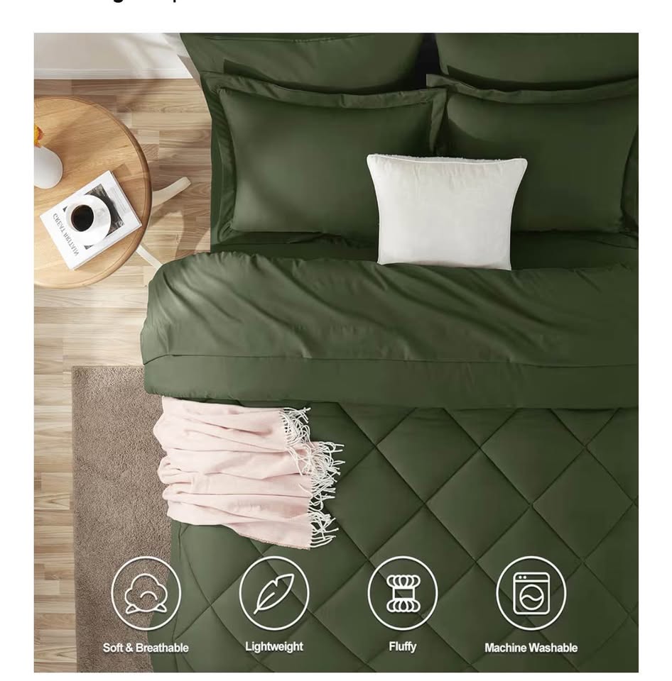 CozyLux Queen Comforter Set Olive Green - Bed in a Bag Queen Size 7 Pieces, Luxury Soft Bed Set for