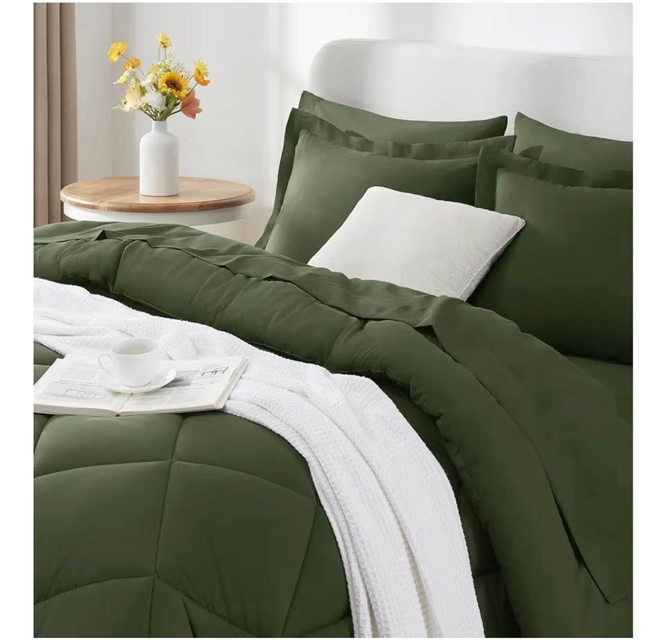 CozyLux Queen Comforter Set Olive Green - Bed in a Bag Queen Size 7 Pieces, Luxury Soft Bed Set for