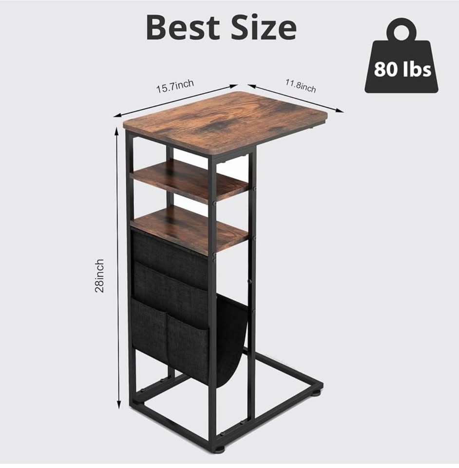 Rustic Industrial C-Shape End Table with Storage & Shelves