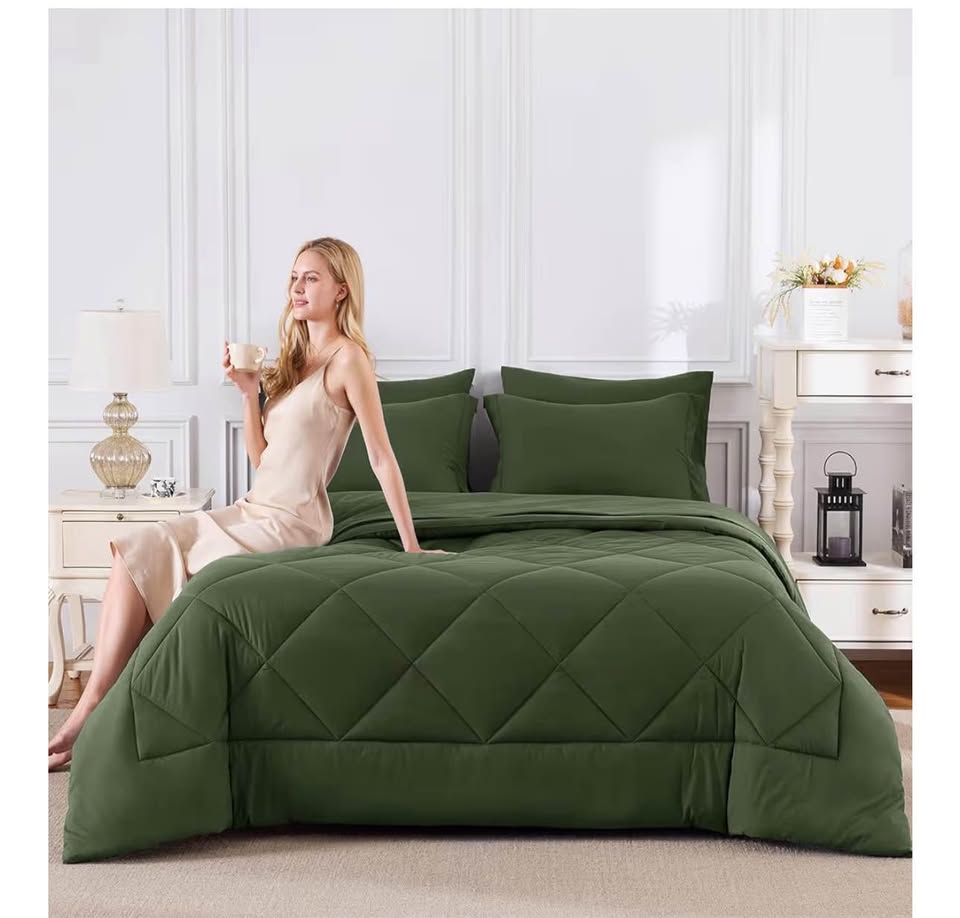 CozyLux Queen Comforter Set Olive Green - Bed in a Bag Queen Size 7 Pieces, Luxury Soft Bed Set for