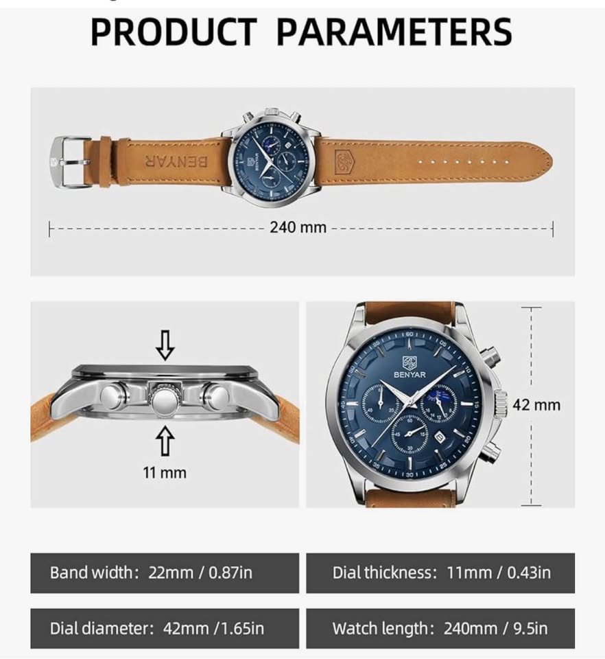 BENYAR Mens Watch Analog Quartz Movement Chronograph Waterproof Luminous Date Men's Wrist Watches St