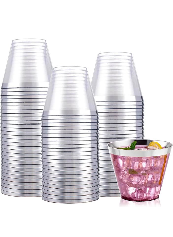 I00000 100PCS Silver Plastic Cups, 9 oz Clear With Silver Trim, Heavy-Duty Disposable for Party, Pre
