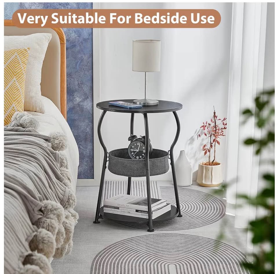 Round Side Table with Storage Bag, 3-Tier Accent Round End Table with Storage Shelves for Living Roo