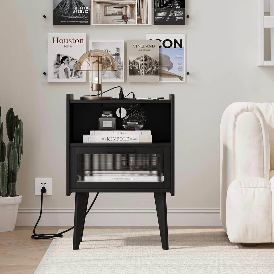 MMEOLUOOK Nightstand w/ Charging Station, Bedside End Table, 2 Tiers Storage