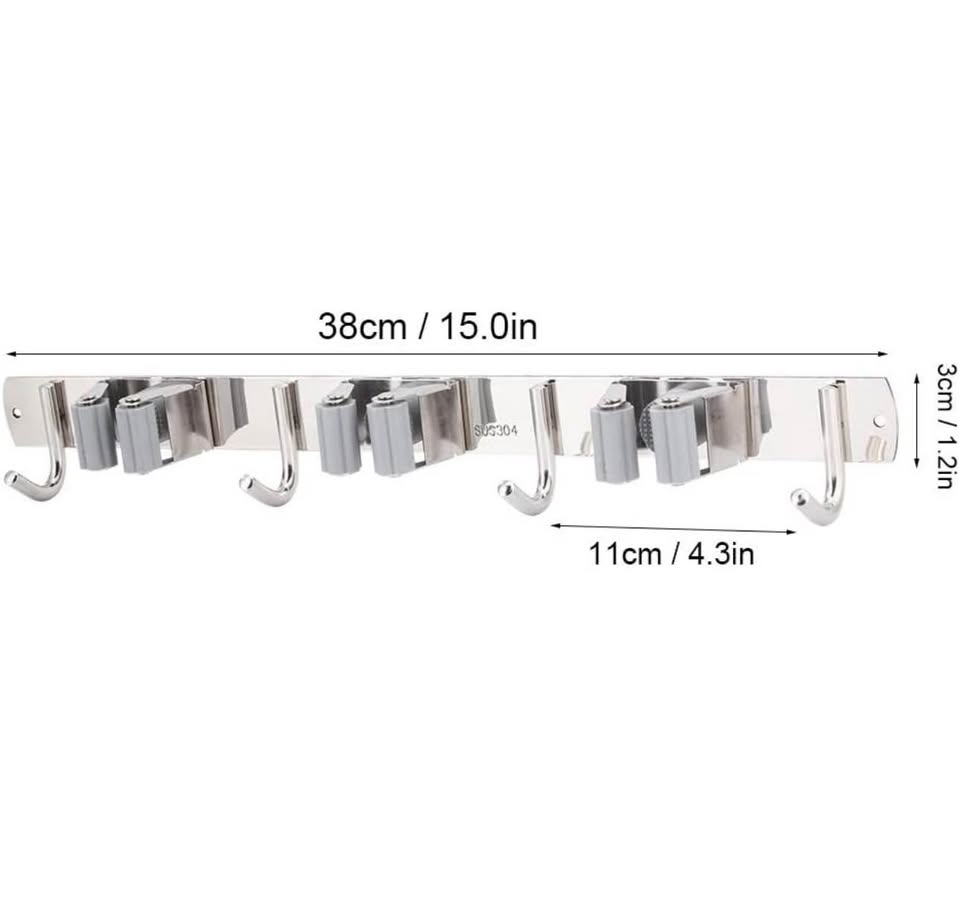 FTVOGUE 304 Stainless Steel Mop Holder, Wall Mount Broom Rack with 4 Hooks, Heavy Duty Mop Organizer