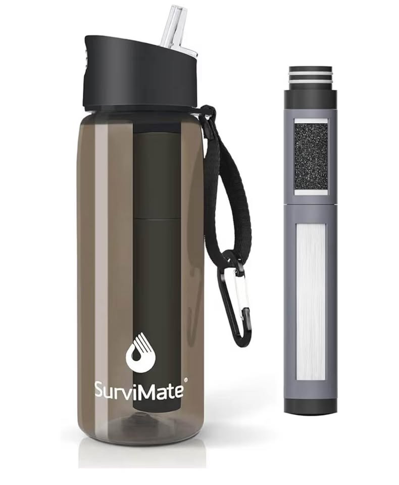 SurviMate Filtered Water Bottle BPA Free with 4-Stage Intergrated Filter Straw for camping,hiking
