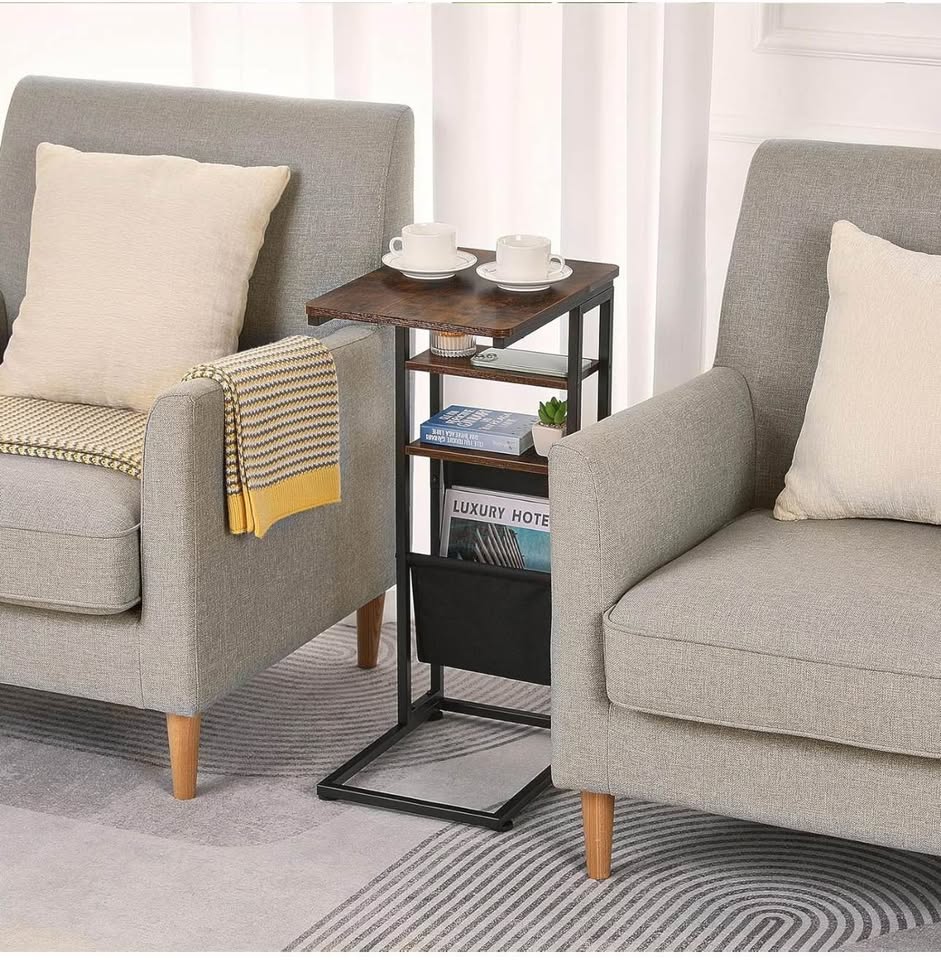 Rustic Industrial C-Shape End Table with Storage & Shelves