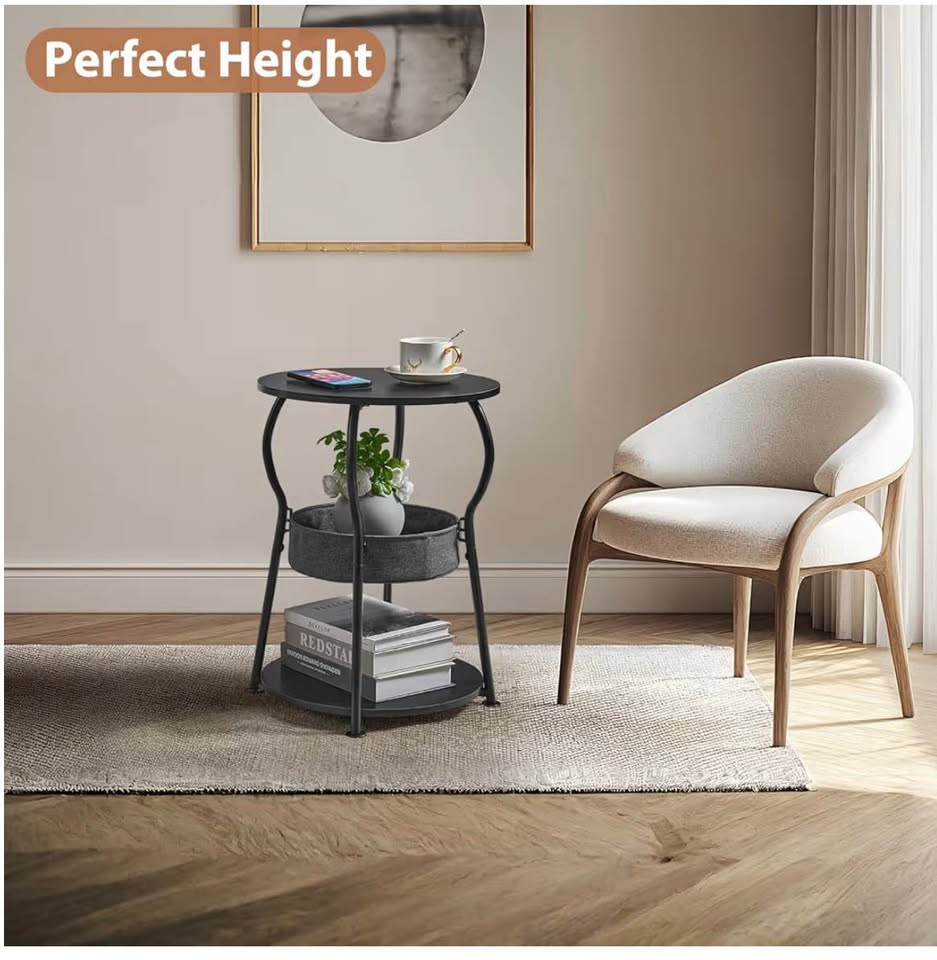 Round Side Table with Storage Bag, 3-Tier Accent Round End Table with Storage Shelves for Living Roo