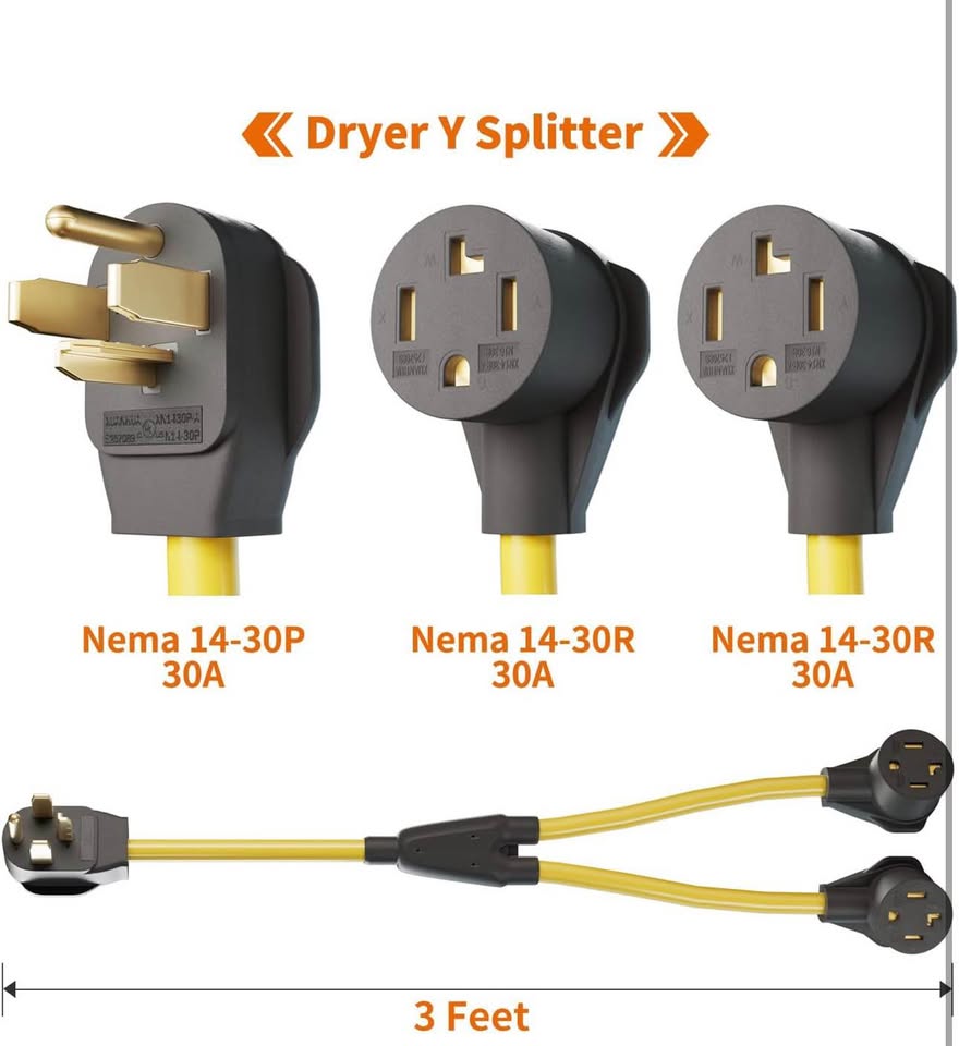NEMA 14-30P to 2 NEMA 14-30R Dryer Y Splitter 3ft