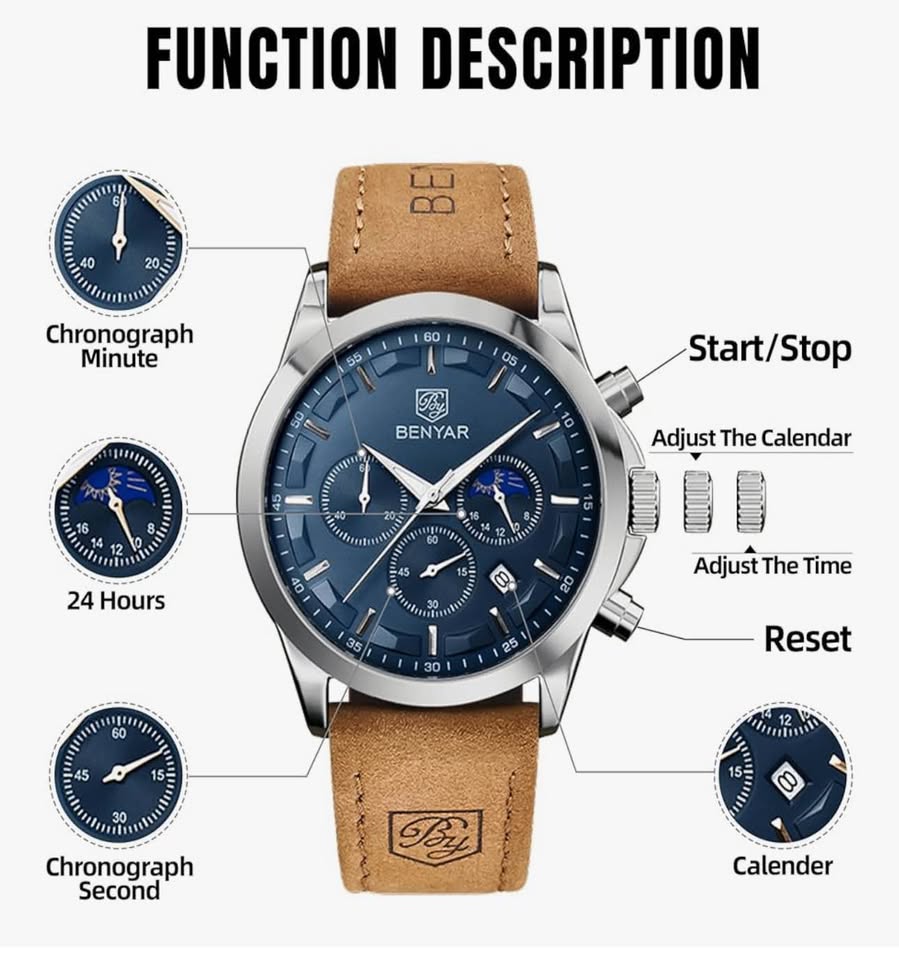 BENYAR Mens Watch Analog Quartz Movement Chronograph Waterproof Luminous Date Men's Wrist Watches St