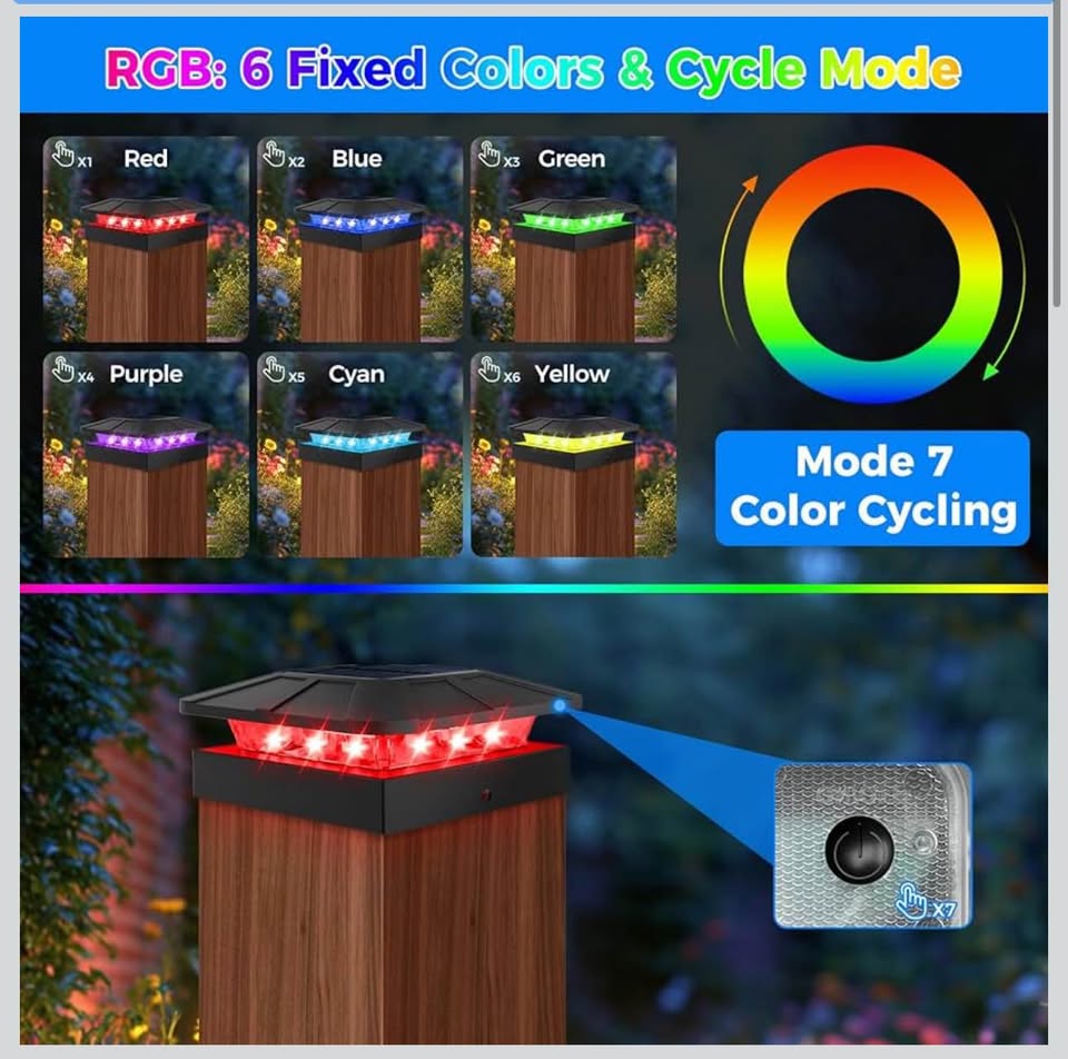 Peasur RGB Color Changing Solar Post Cap Lights Outdoor, 4Pack 4x4 Solar Powered Fence Light Waterp