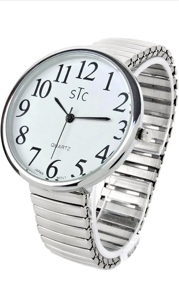 STC Silver Super Large White Face Case Size 43mm Extra Large Stretch Band Easy to Read Watch, Silver