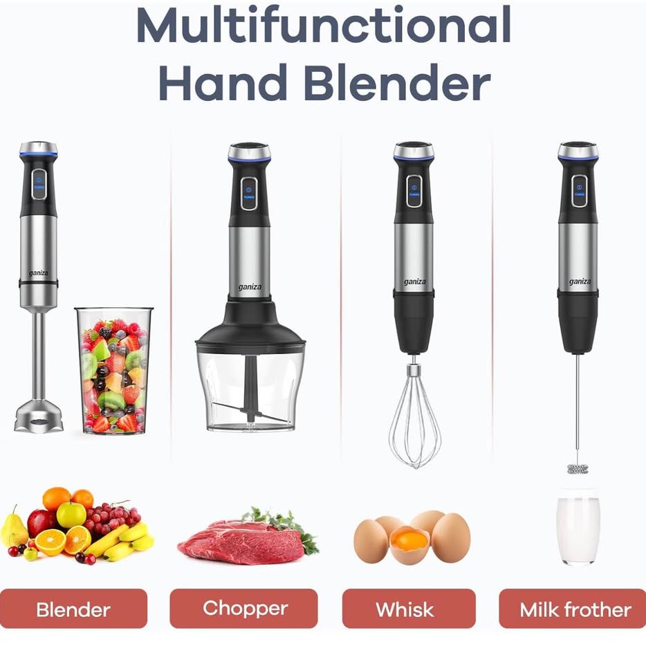 Ganiza Immersion Blender 5 in 1 Hand Blender 800W Heavy Duty Motor, 15 Speed and Turbo Mode Handheld