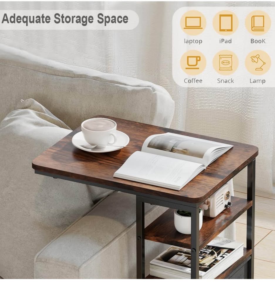 Rustic Industrial C-Shape End Table with Storage & Shelves