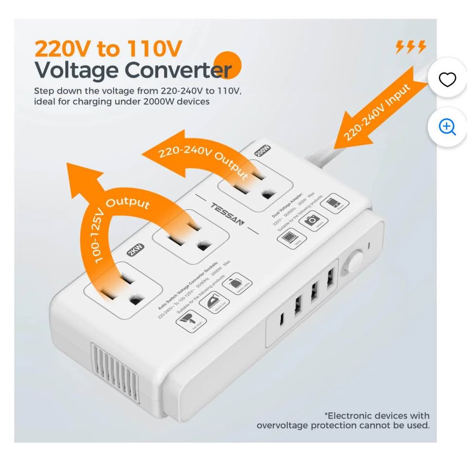 220V to 110V Voltage Converter,TrevoltyUniversal Travel Adapter with 4 USB Ports (1 USB C), 3 AC Soc