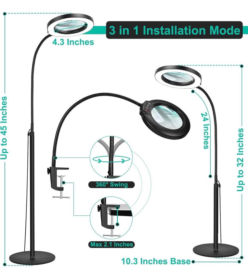 12X Magnifying Floor Lamp with Light, 24" Flexible Gooseneck Standing Magnifying Glass, 3-in-1 LED 5