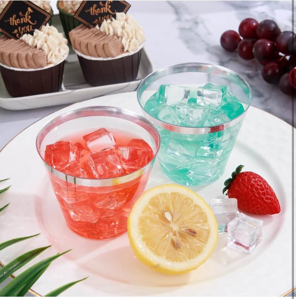 I00000 100PCS Silver Plastic Cups, 9 oz Clear With Silver Trim, Heavy-Duty Disposable for Party, Pre