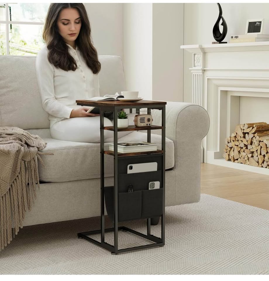 Rustic Industrial C-Shape End Table with Storage & Shelves