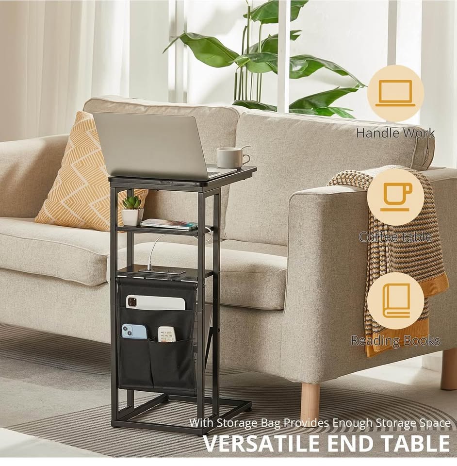 Rustic Industrial C-Shape End Table with Storage & Shelves