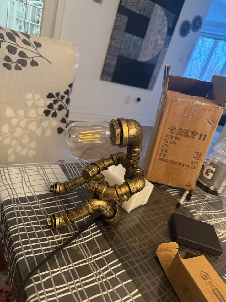 Industrial Pipe Robot Table Lamp Bronze Finish