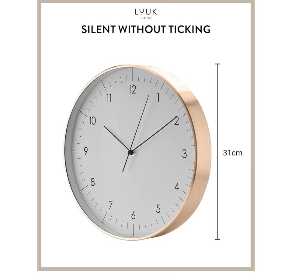 LUUK LIFESTYLE Silent Quartz Wall Clock 31 cm White Gold