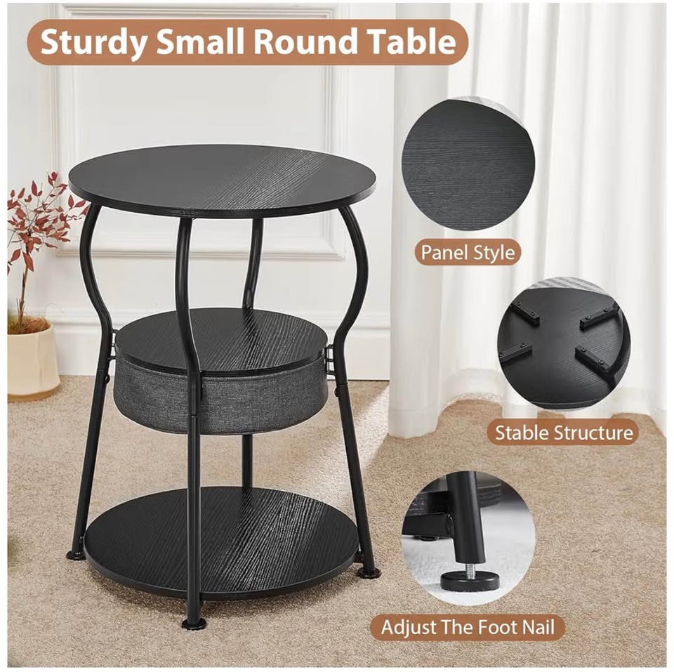 Round Side Table with Storage Bag, 3-Tier Accent Round End Table with Storage Shelves for Living Roo