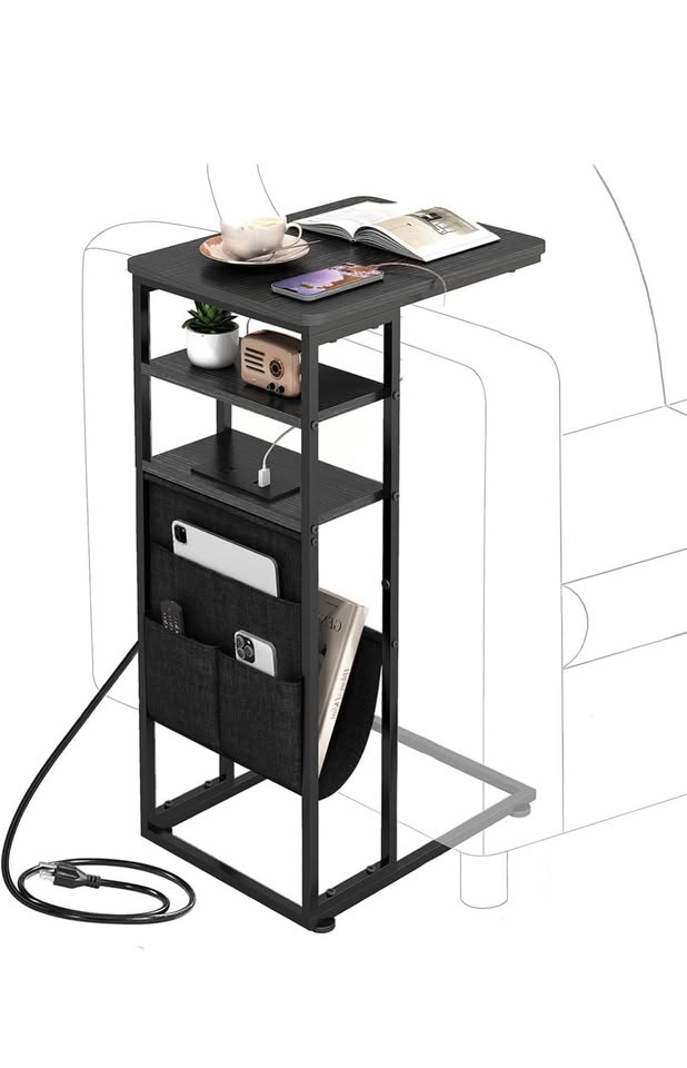 Rustic Industrial C-Shape End Table with Storage & Shelves