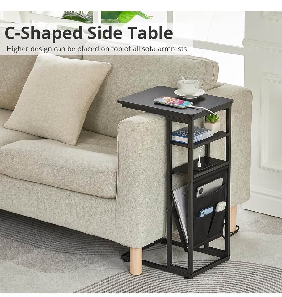 Rustic Industrial C-Shape End Table with Storage & Shelves