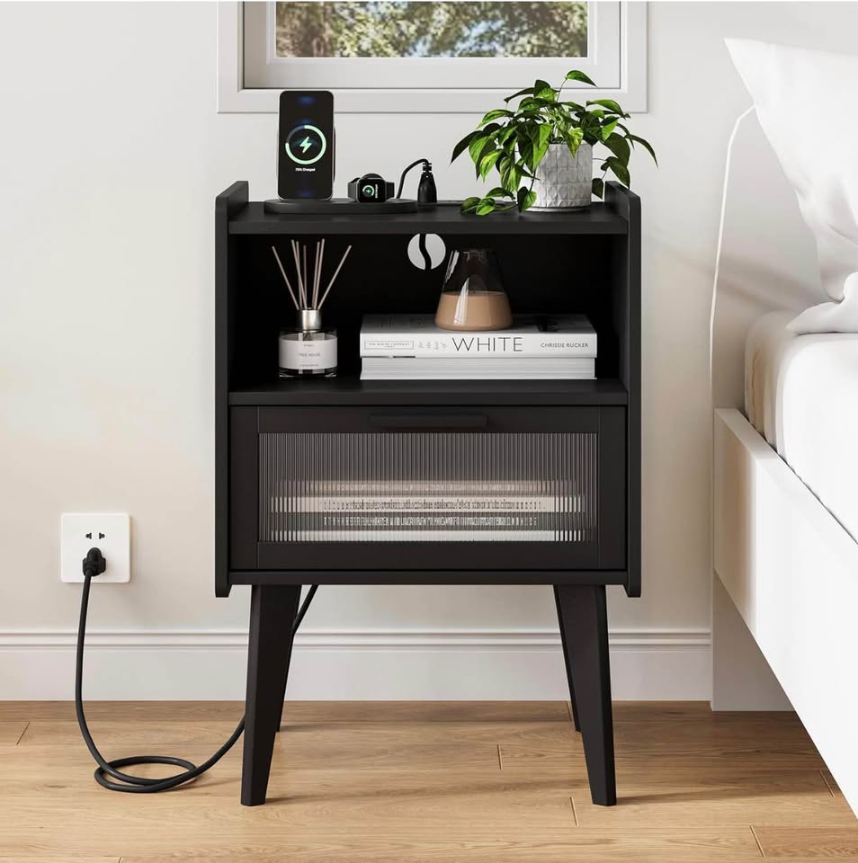 MMEOLUOOK Nightstand w/ Charging Station, Bedside End Table, 2 Tiers Storage