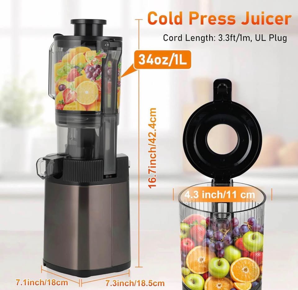 FAB&DELUXE Cold Press Juicer - Juicer Machines with 4.3" Wide Feed Chute, 34oz Slow Masticating Juicer for Frui