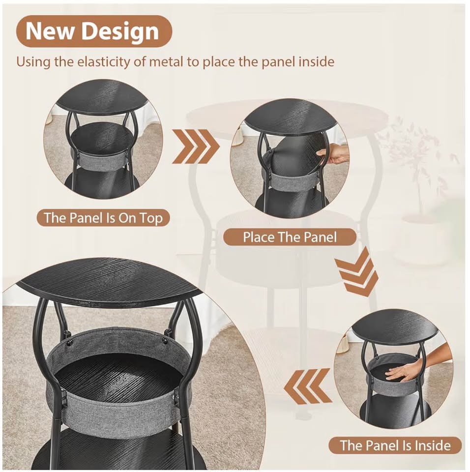 Round Side Table with Storage Bag, 3-Tier Accent Round End Table with Storage Shelves for Living Roo