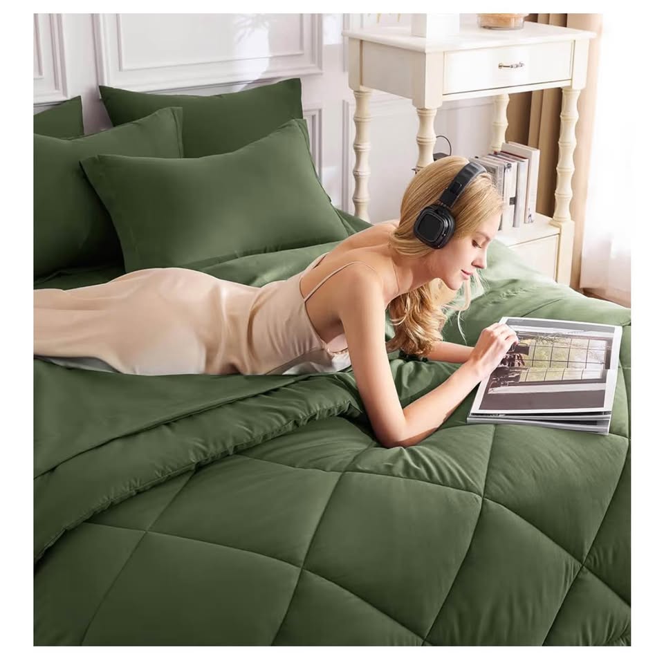 CozyLux Queen Comforter Set Olive Green - Bed in a Bag Queen Size 7 Pieces, Luxury Soft Bed Set for