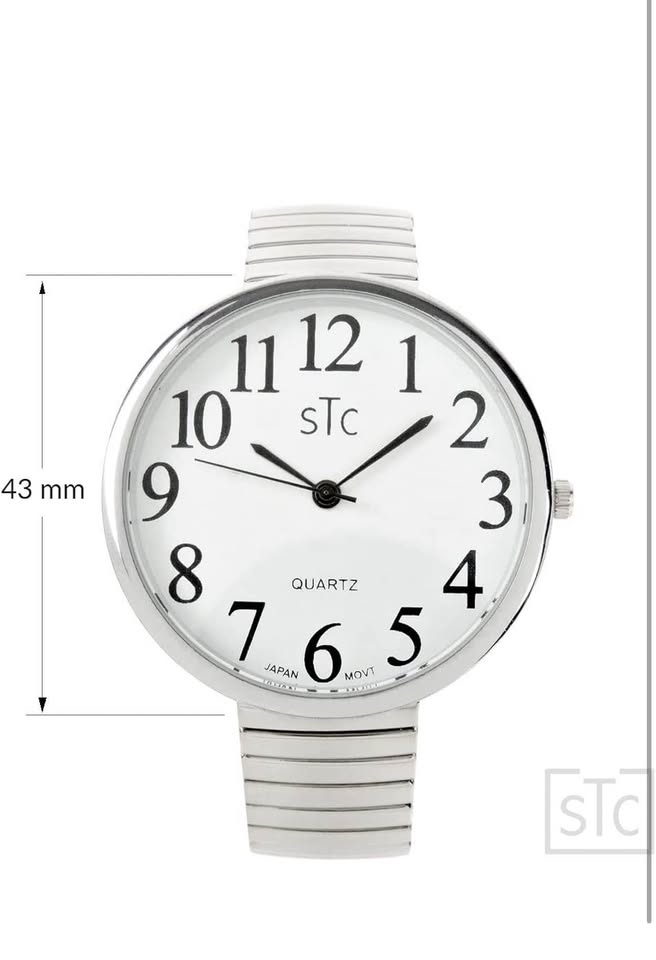 STC Silver Super Large White Face Case Size 43mm Extra Large Stretch Band Easy to Read Watch, Silver