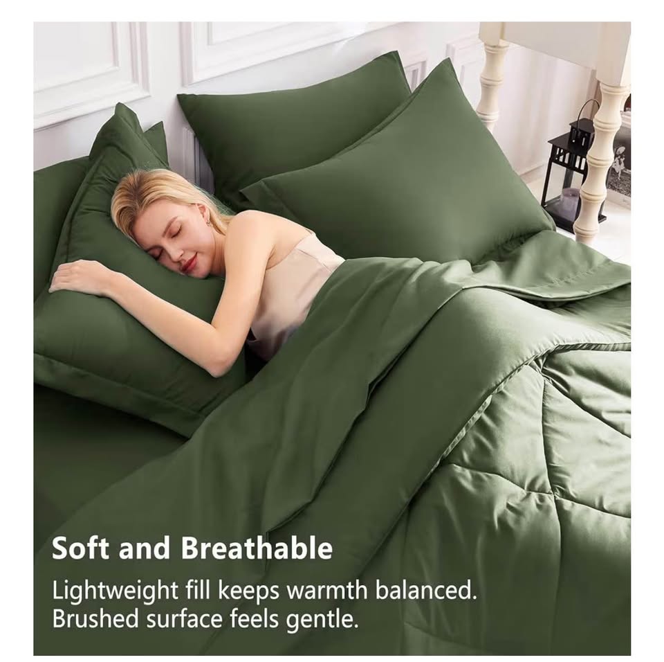 CozyLux Queen Comforter Set Olive Green - Bed in a Bag Queen Size 7 Pieces, Luxury Soft Bed Set for
