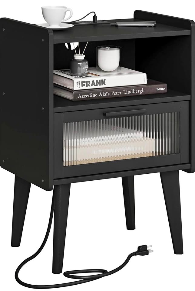 MMEOLUOOK Nightstand w/ Charging Station, Bedside End Table, 2 Tiers Storage