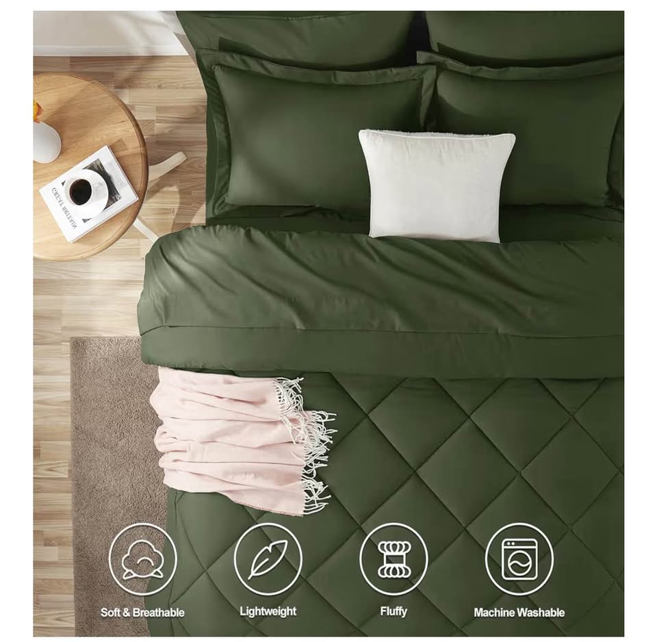 CozyLux Queen Comforter Set Olive Green - Bed in a Bag Queen Size 7 Pieces, Luxury Soft Bed Set for