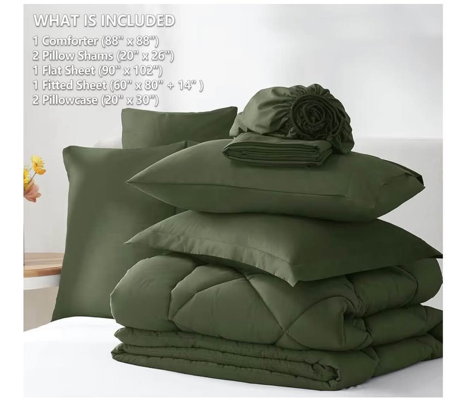 CozyLux Queen Comforter Set Olive Green - Bed in a Bag Queen Size 7 Pieces, Luxury Soft Bed Set for