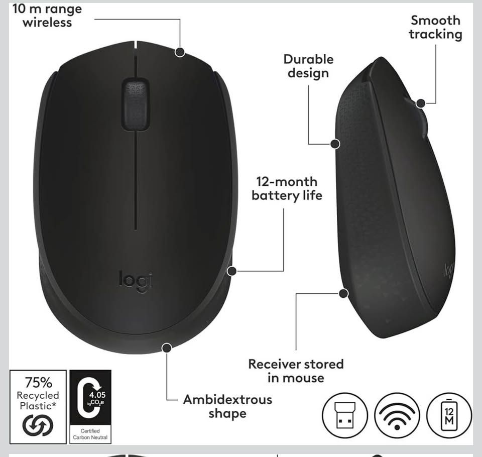 Logitech M170 Wireless Mouse for PC, Mac, Laptop, 2.4 GHz with USB Mini Receiver, Optical Tracking,