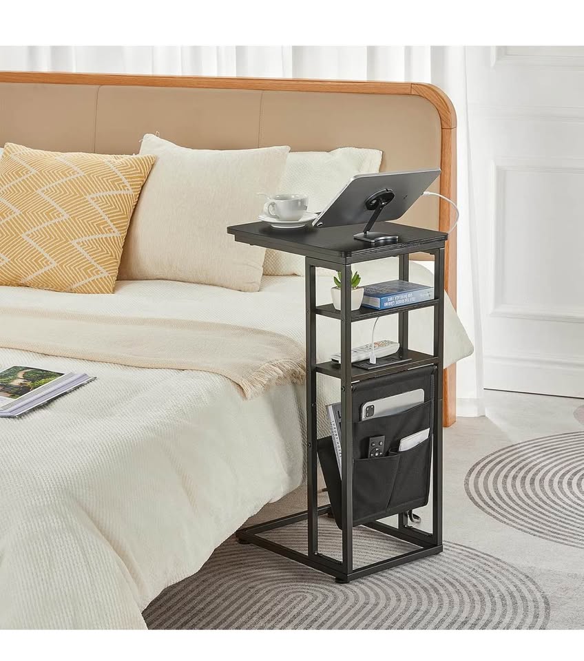 Rustic Industrial C-Shape End Table with Storage & Shelves